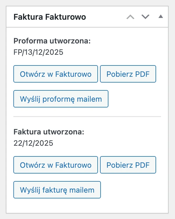 Okno Faktura Fakturowo na karcie zamówienia WooCommerce: daty utworzenia dokumentów oraz przyciski Otwórz w Fakturowo, Pobierz PDF i wysyłka e-mailem