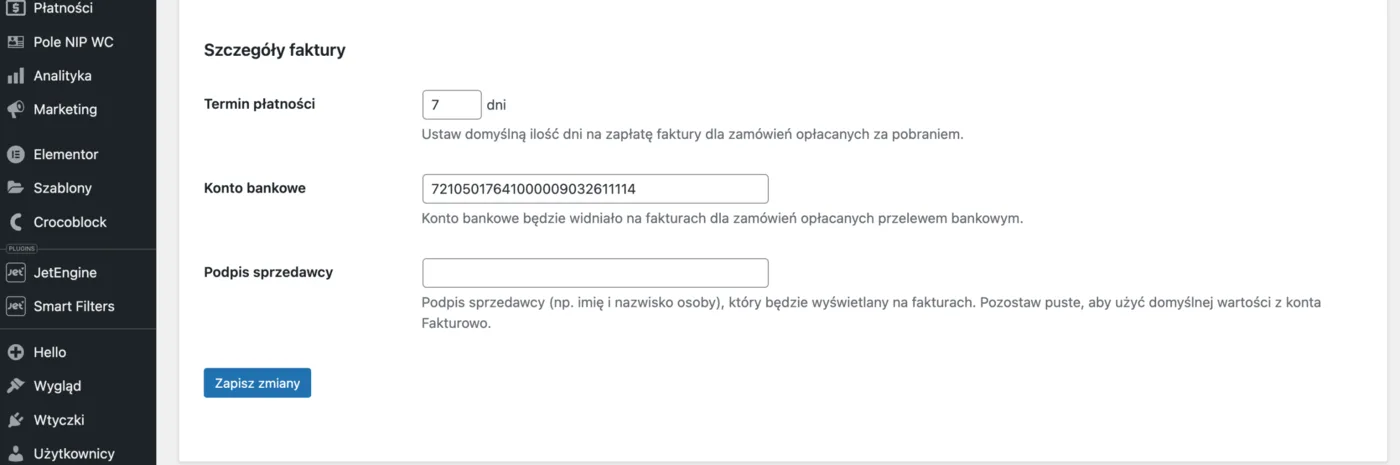 Szczegóły faktury: termin płatności, konto bankowe i podpis sprzedawcy