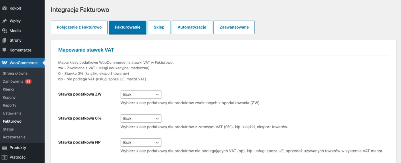 Mapowanie stawek VAT WooCommerce na stawki Fakturowo: ZW, 0% i NP
